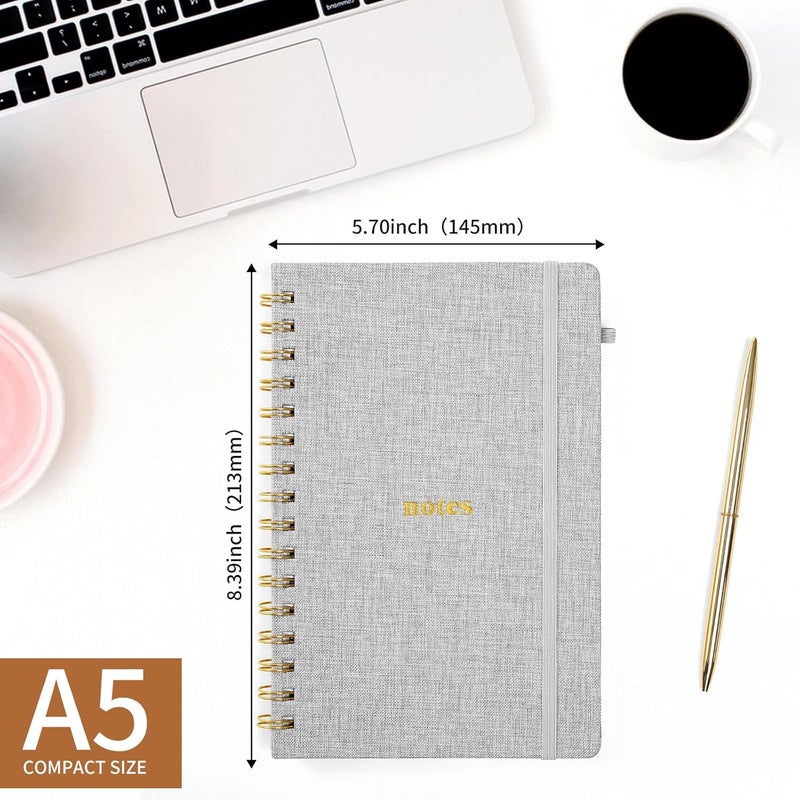 TSFPapier A5 Spiral Notebook – Hardcover Journal 160 Lined Pages 100 GSM Thick Paper With Elastic Band & Pen Holder College Ruled Writing Notebooks for Work School Travel Gray - Image 2